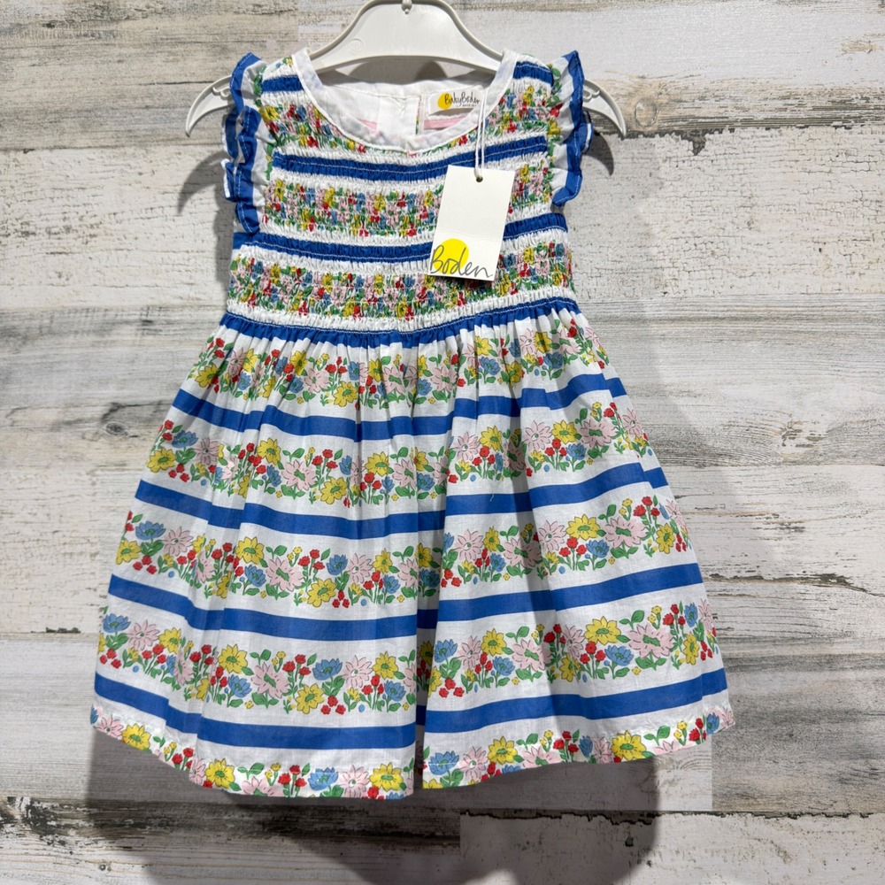 Baby Boden Smocked Dress Girls 3-6M Blue White Floral Stripe Cottagecore NWT